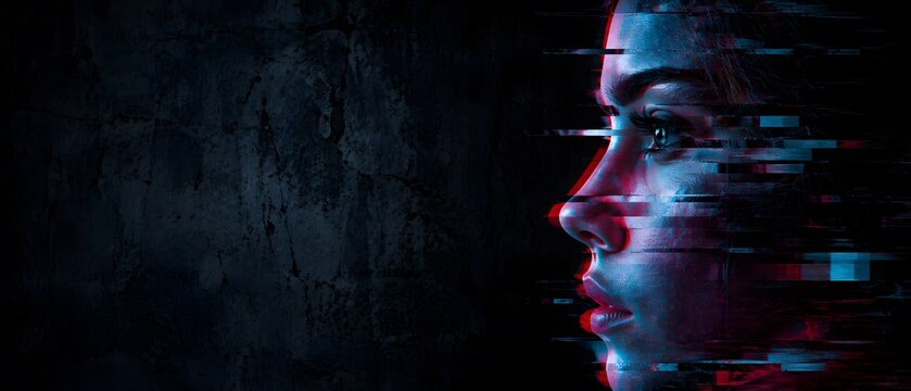 Beautiful young woman face profile with digital glitch effect in vintage retro cyberpunk style