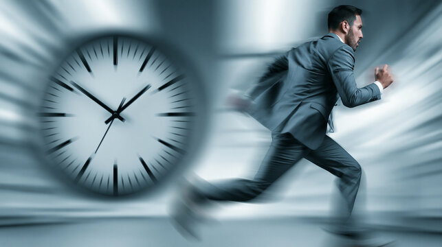 Dynamic conceptual image of a businessman in a suit sprinting with motion blur past a large clock, symbolizing deadlines, urgency, stress, and time management in cool blue tones.
