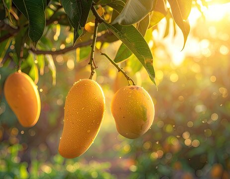 Ripe, dewy mangoes hang from a sun-drenched tree in soft, golden light