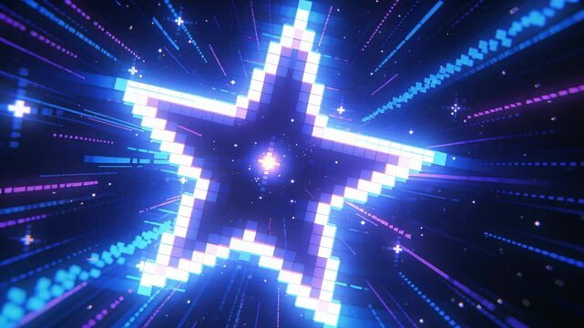 Frames advancing, pulsing pixel star emitting neon rim in starry void, sending cyan magenta trails