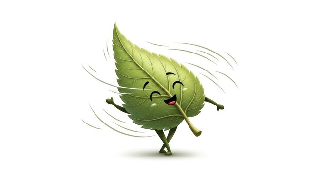 Cartoon leaf character dancing joyfully on isolated white background