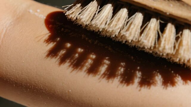 Placing wooden brush, unseen hand brushing forearm at close-up under warm light, exfoliating skin