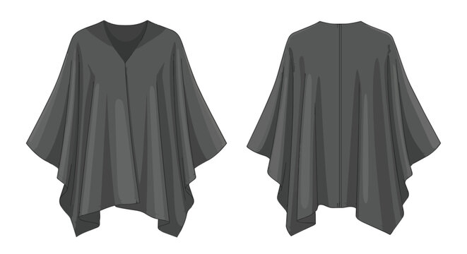 Charcoal Grey Poncho Cape Front and Back View Flat Template for Fashion Design and Apparel Mockup Illustration
