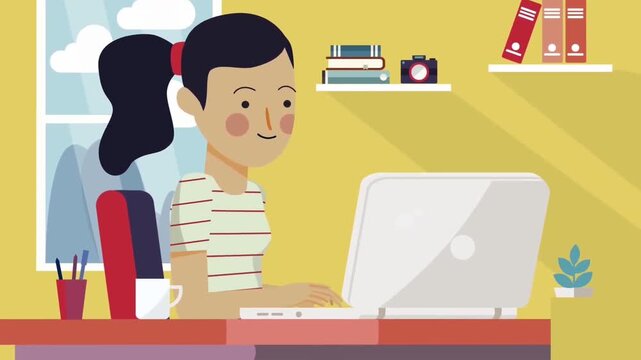 Animated Young Girl Student Studying on Laptop Computer in Her Bedroom, Online E-Learning and Education Concept