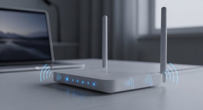 White Wi-Fi router with glowing blue signal waves on a desk. Wireless internet connection and networking technology concept. Modern home office setup