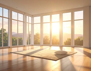 Fototapeta premium Bright, sun-drenched room with large windows overlooking a scenic landscape
