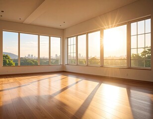 Fototapeta premium Sunlit, empty room with expansive city and tree views