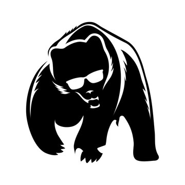 Ilustrasi vektor beruang grizzly hitam berjalan maju memakai kacamata hitam gaya modern keren