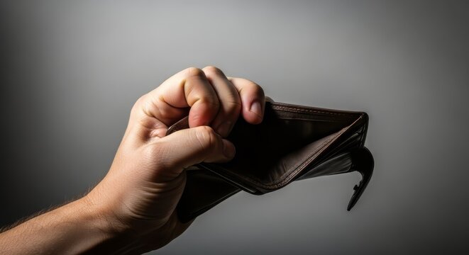 Hand holding an empty open brown leather wallet. Financial crisis and bankruptcy concept on a dark moody background