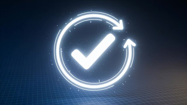 Activating neon checkmark inside circular arrow ring rotating on blue-grid, confirming with sparks
