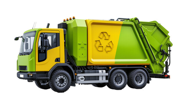 Green and yellow garbage truck with recycling symbol, isolated on transparent background