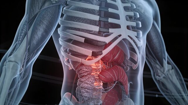 Rotating camera revealing anatomical torso in medical lab, highlighting pulsing lumbar vertebrae