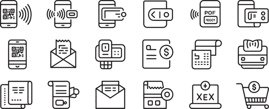 Icons Set of Mobile Phone Communication, Print, Mail, and Card Payment Symbols with Wireless and Document Elements