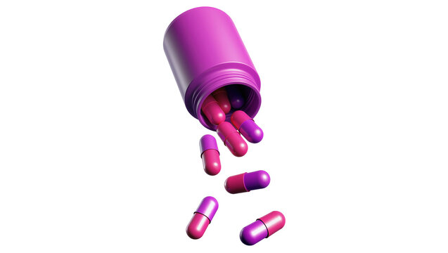 Purple pill bottle spilling pink and purple capsules, isolated on transparent background