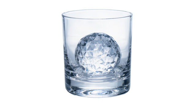 Clear glass tumbler with faceted geometric ice sphere inside, isolated on transparent background