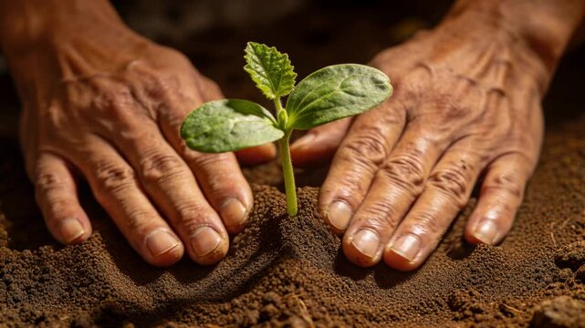 Pressing bare senior hands cupping and tamping soil around seedling at garden bed, dirt under nails