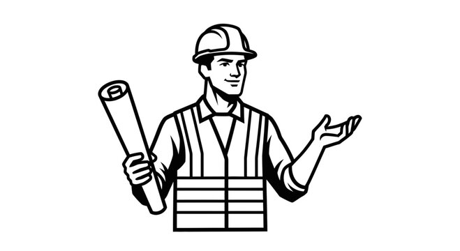 Black and White Construction Engineer Holding Blueprint Illustration