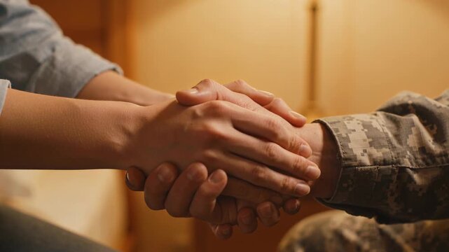 Placing hand, camo sleeve guiding partner in light shirt, holding hands for comfort on couch, lamp