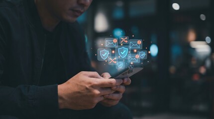 Fototapeta premium Online Fraud Prevention Concept Combining Anti-Phishing Alerts, Spam Detection Indicators, and Holographic Warning Shields Over a Smartphone in a Bright Moody Environment