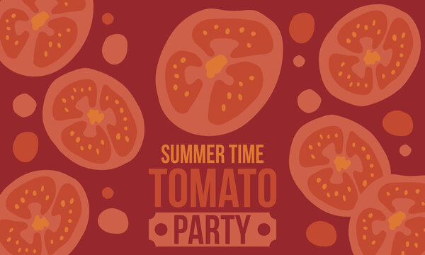 Summer Time Tomato Party Banner Template Set with Whole Tomatoes, Slices, and Arugula Leaves in Flat Minimalist Design
