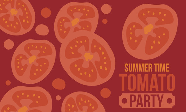 Summer Time Tomato Party Banner Template Set with Whole Tomatoes, Slices, and Arugula Leaves in Flat Minimalist Design