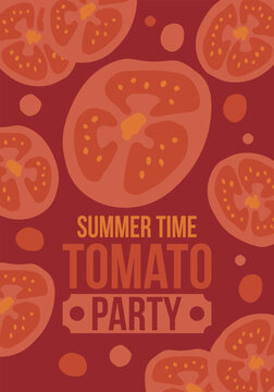 Summer Time Tomato Party Banner Template Set with Whole Tomatoes, Slices, and Arugula Leaves in Flat Minimalist Design