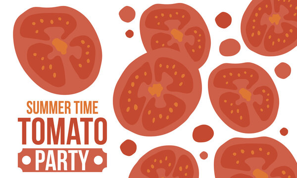 Summer Time Tomato Party Banner Template Set with Whole Tomatoes, Slices, and Arugula Leaves in Flat Minimalist Design