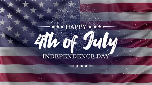 Happy 4th of July greeting animation, lettering text with waving USA flag background and fireworks splash, Happy Independence Day US flag blue sky background. Fourth of july. 4k seamless loop