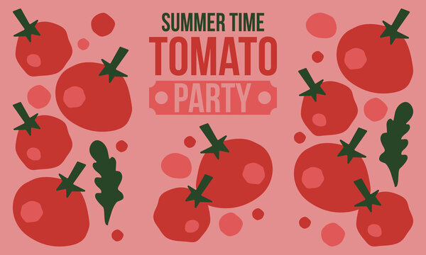 Summer Time Tomato Party Banner Template Set with Whole Tomatoes, Slices, and Arugula Leaves in Flat Minimalist Design