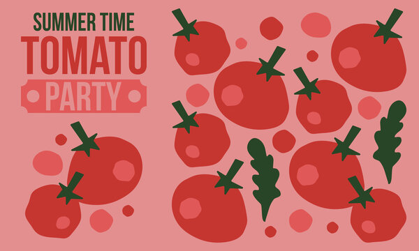 Summer Time Tomato Party Banner Template Set with Whole Tomatoes, Slices, and Arugula Leaves in Flat Minimalist Design
