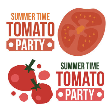 Summer Time Tomato Party Banner Template Set with Whole Tomatoes, Slices, and Arugula Leaves in Flat Minimalist Design