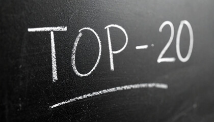 Fototapeta premium Textured black chalkboard with text TOP 20 written in white chalk. Close-up.