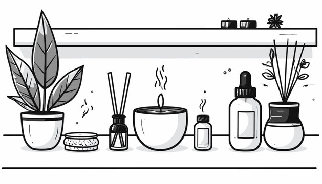 Aromatherapy essential oil bottles and plants.