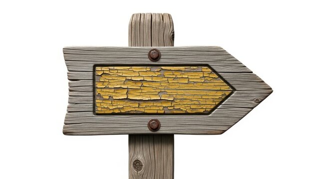 Old wooden directional signpost with yellow cracked paint isolated on white background