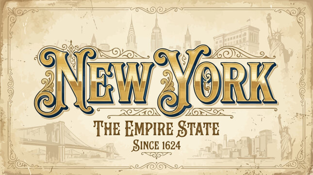 New York vintage sign with iconic skyline, empire state landscape