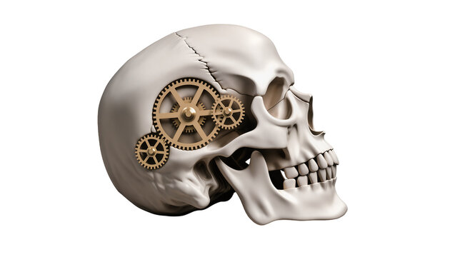 Steampunk human skull with brass gears inside, isolated on transparent background