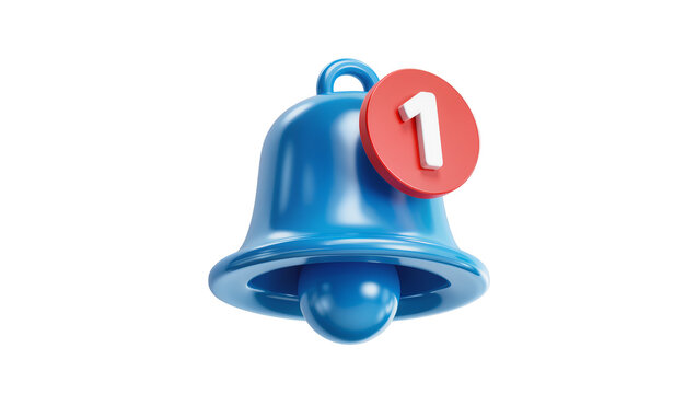 Shiny blue notification bell with red circle and number 1, isolated on transparent background