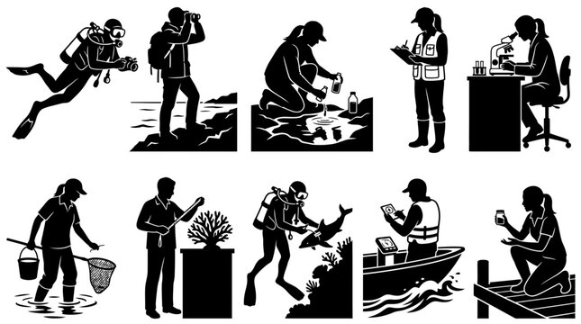 Marine Scientist Silhouette Collection Field Research Activities