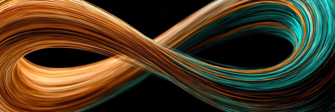 Two abstract forms create a feedback loop that shows warm amber and cool teal information streams flowing continuously around each other