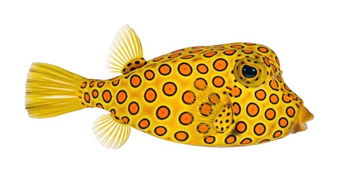 Yellow boxfish with black spots isolated on white background