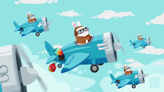 2D Animation of Cute Easter Bunny Character Flying an Airplane in the Sky, Playful Holiday Travel Concept Loop