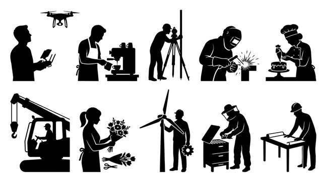 Diverse Professional Worker Silhouette Icon Collection Set