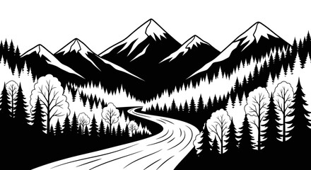 Black and White Mountain Landscape with Forest and Winding River © Arion