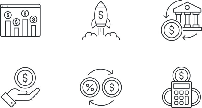 finance and banking line icon set featuring dashboard analytics startup rocket bank deposit and profit calculator vectors