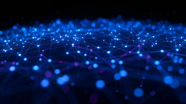 Pulsing network responding to camera nudge on digital plane, revealing blue nodes and thin lines