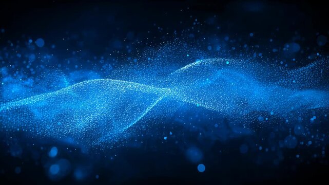 Shifting after right nudge, blue particle ribbon forming layered crests and broadening in void