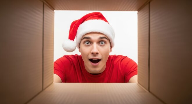 Surprised man wearing a santa hat looking into a cardboard box