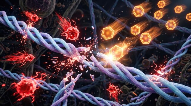 Collagen triple helix suffering oxidative stress, with unstable free radicals represented by red sparks snapping bonds.