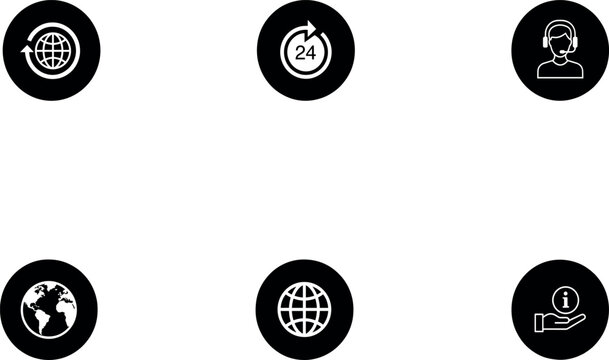 Global customer support and 24 hours service icon set with call center agent earth globe and information symbols