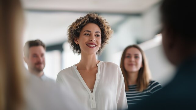 Female leader facilitating a meeting while listening attentively to a colleague